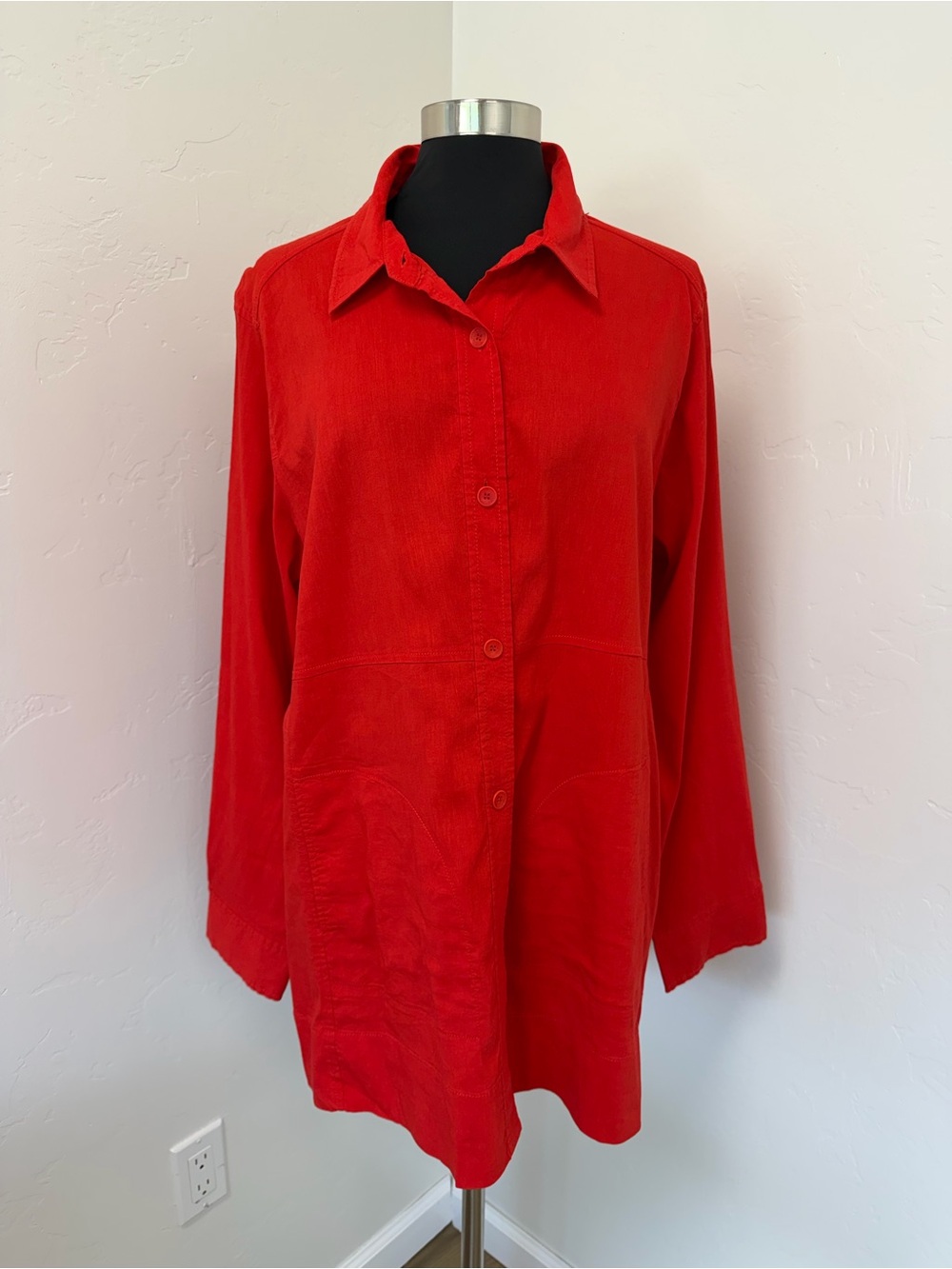 Eileen Fisher Linen Blend Vibrant Red Button-Front Shirt Jacket Size XL